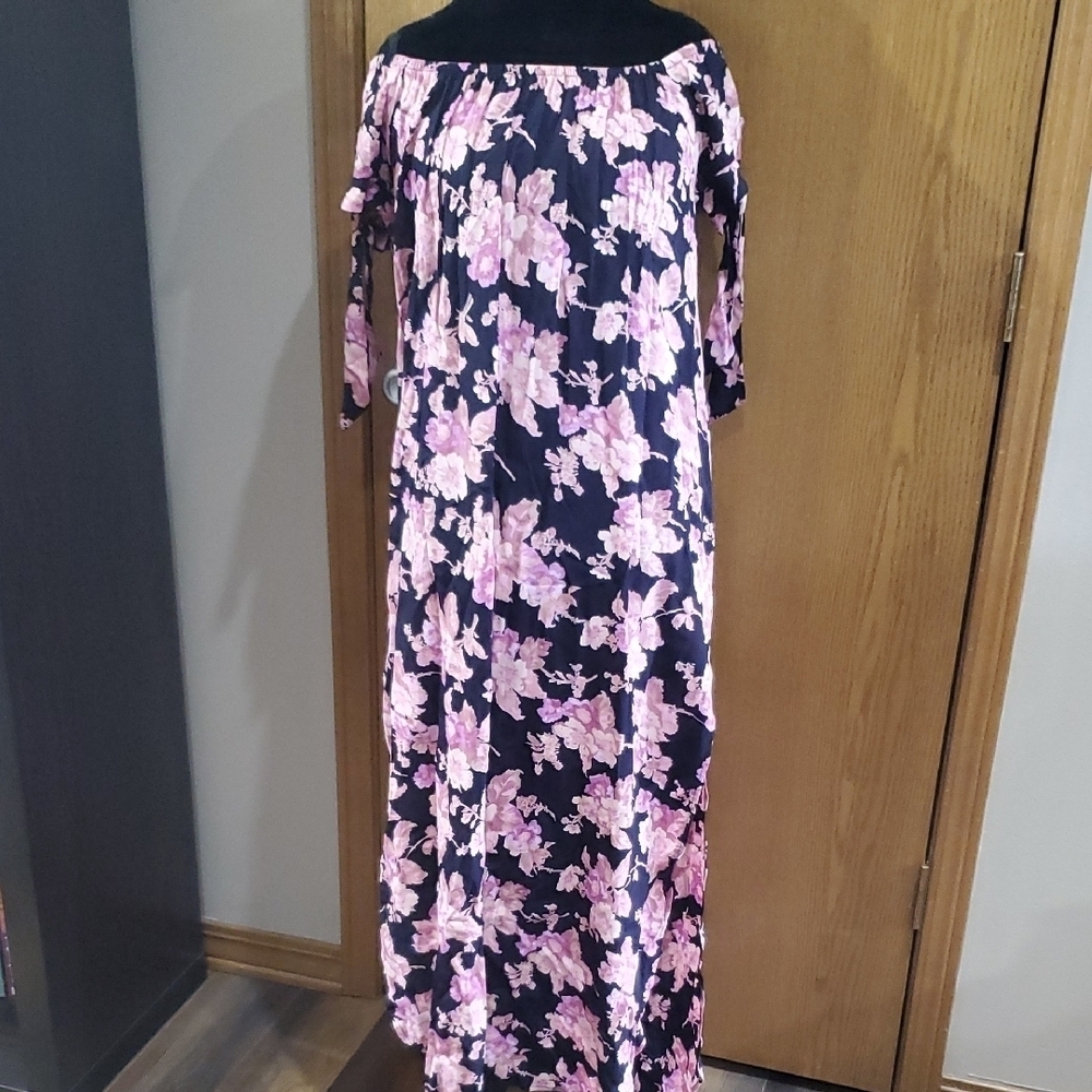 Flynn Skye Pink and Blue Off the Shoulder Maxi Sundress